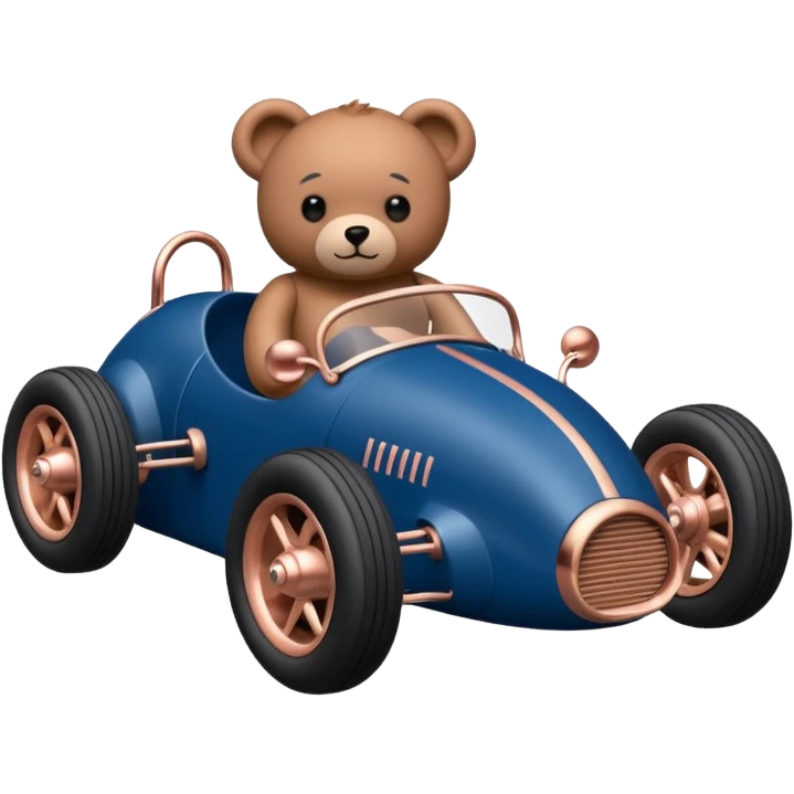 dark blue and rosegold-accented  retro racing car driven by a small evil scary teddy bear with rear spoiler, roll cage, and wheely bar emoji