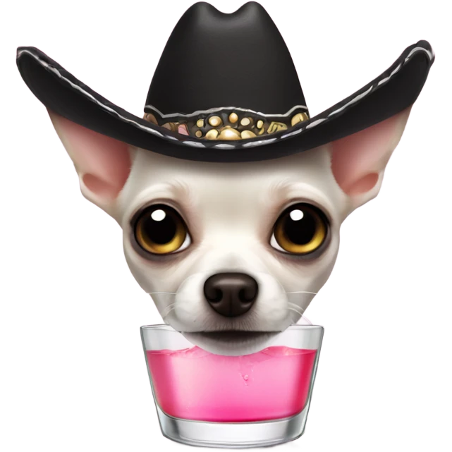 White chihuahua with black eyes and a pink nose with a sombrero on drinking tequila  emoji