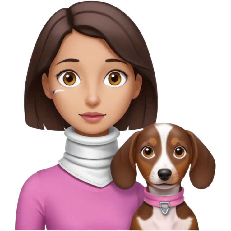 a brunette girl, olive skin, hazel eyes, pink top, neck brace on her neck because she’s injured , piebald dachshund next to her only brown and white emoji