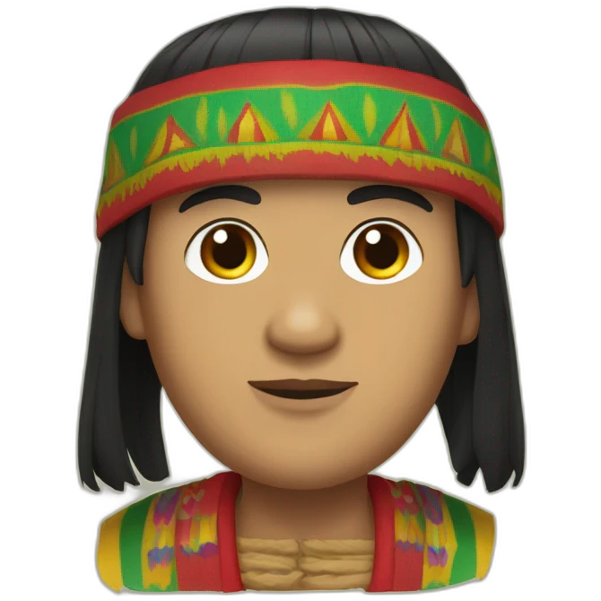 A shaved Inca man, neck-length black hair, wearing a red headband, wearing a poncho (with yellow, green and red lines) emoji