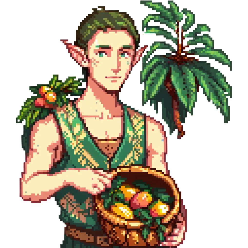 elf male Sleeveless vest with palm-leaf print, basket of exotic fruits (mango/lychee), sunburned nose. emoji
