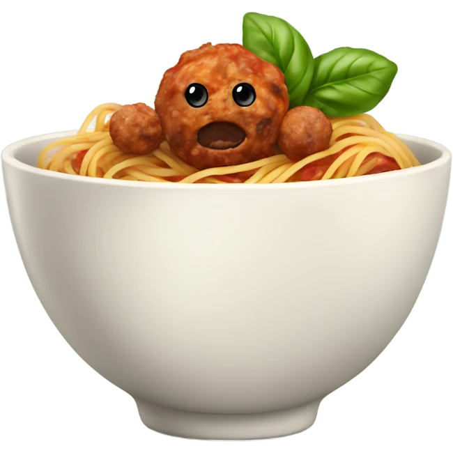 spaghetti with meatballs in a bowl with basil emoji