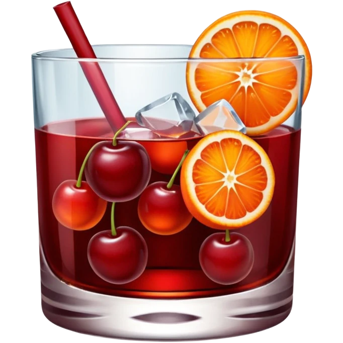 Mach mir einen Cherry Negroni mit viel Eiswürfeln und nur einer Scheibe Orange im Glas und einer Kirsche auf dem Glas emoji