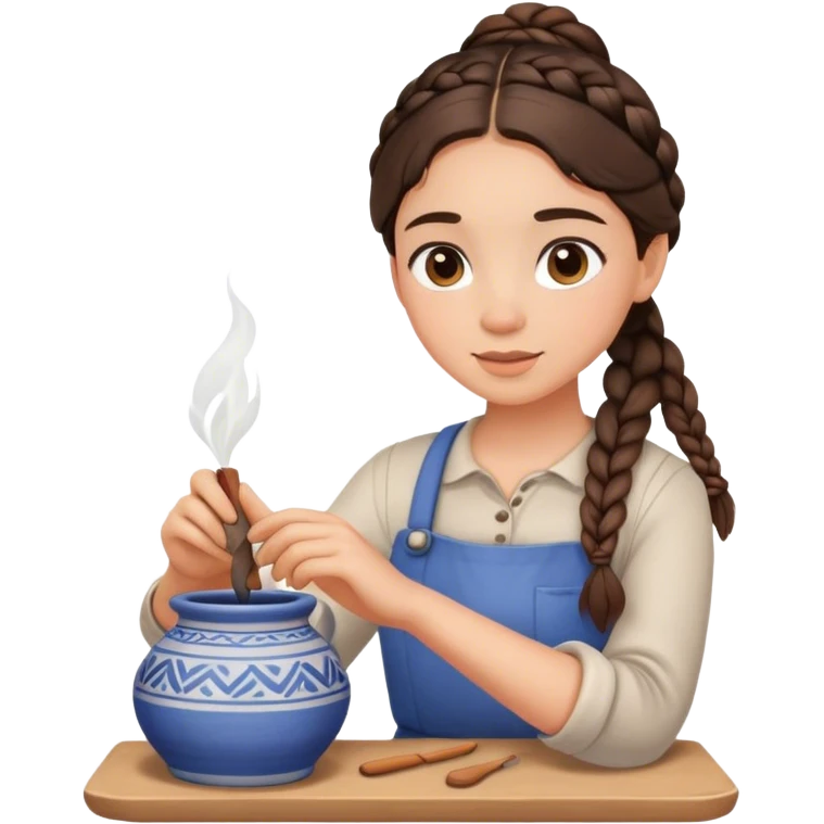 Brunette girl hair in braid doing pottery emoji