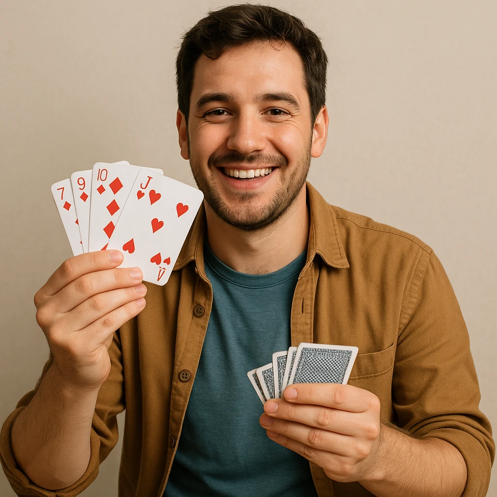 a durak card player, smiling, showing cards, casual outfit emoji
