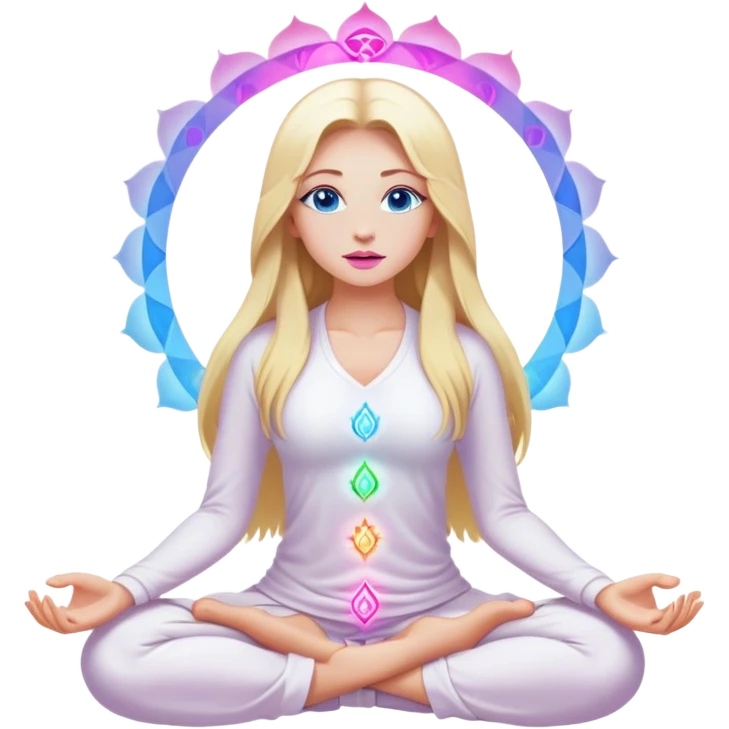 A cinematic realistic blonde with long hair, blue eyes, pink lips in white clothes meditates, her chakras glow emoji