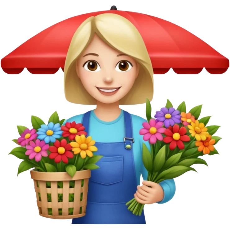 Shopper with flower bouquet,Farmers’ Market, background Flowers cart. emoji