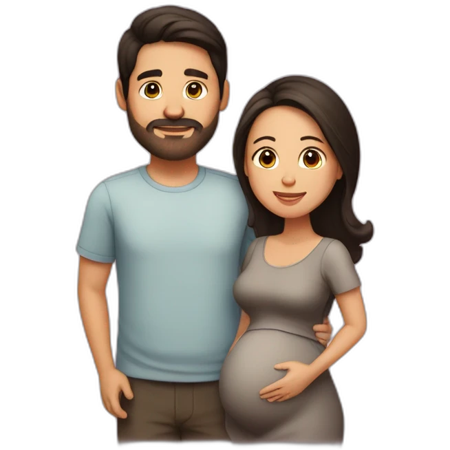Latin pregnant woman with dark brown medium-long hair and a husband with short dark brown haircut without a mustache or beard emoji