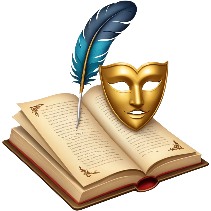 An icon featuring an open book with flowing pages, a feather quill, and classic literary symbols like a theater mask and inkwell. The design includes a subtle parchment background with faint text lines, symbolizing the study of literature. Transparent background emphasizes creativity and analysis. emoji