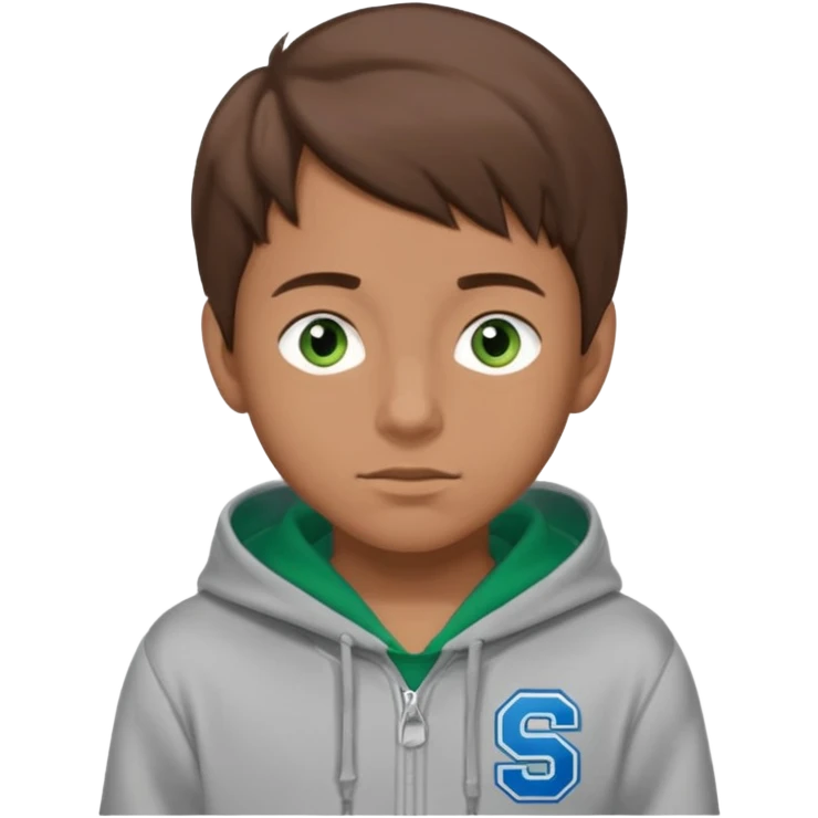 A boy with brown hair and blue eyes and a gray hoodie with green varsity text that says "STURNIOLO" emoji