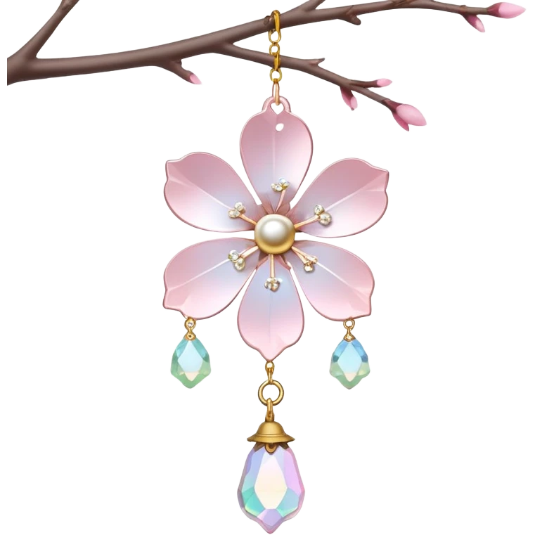 Hanging Iridescent pastel pink sakura crystals white-pearly suncatcher with a tiny bell emoji