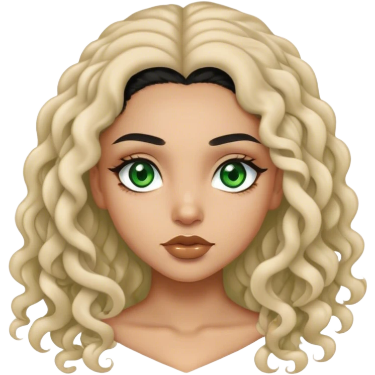 light skin girl , with long curly black hair , green eyes and straight brows emoji