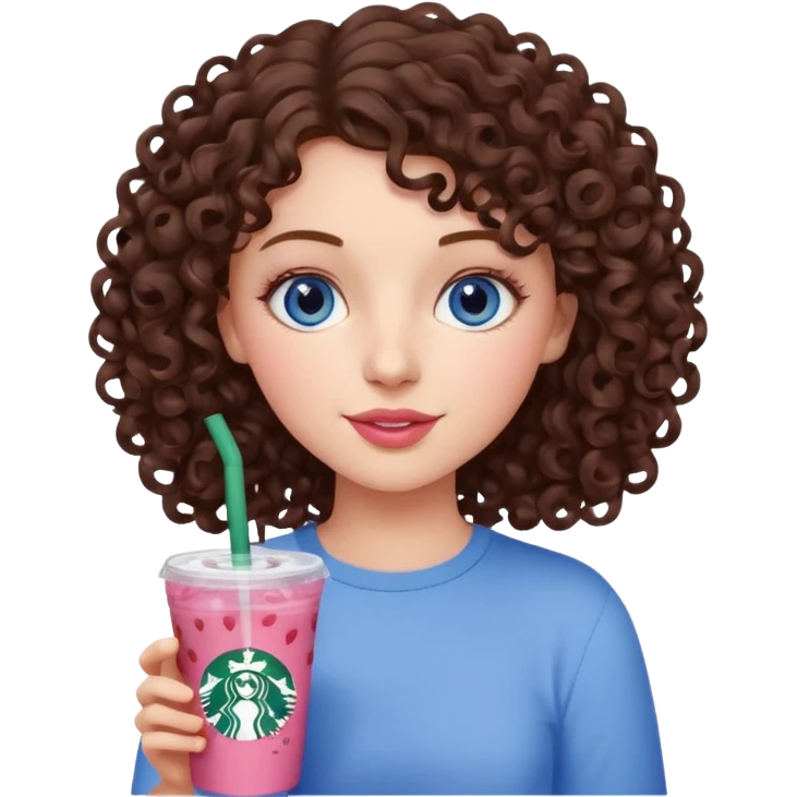 make an emoji of a curly brunette blue eye girl wearing light pink drinking a strawberry acai refresher from starbucks emoji