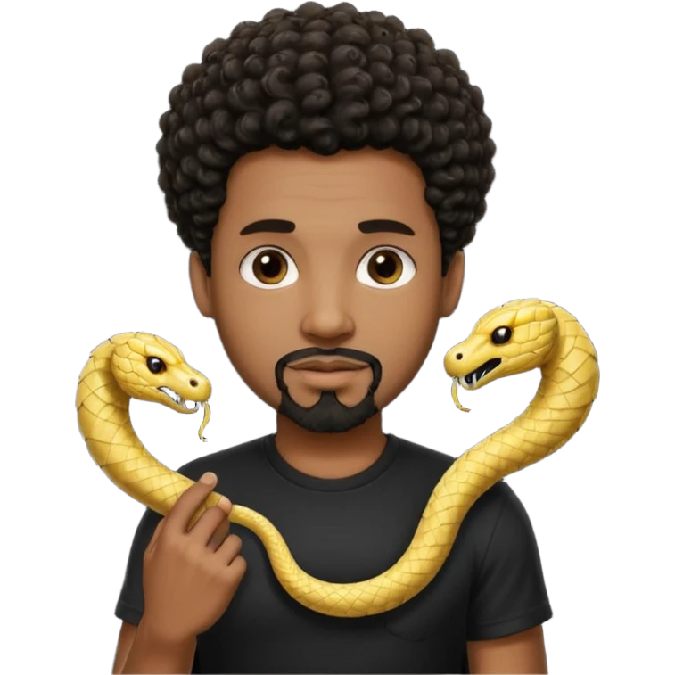 Homme noir de peau,  yeux marron avec un bouc pas de  moustache, cheveux noir court et bouclé crépus avec un dégradé sur le côté, avec un cobra à côté , t-shirt noir  emoji