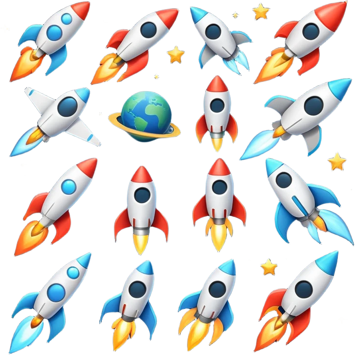 A set of high-quality vector emoji icons in a futuristic, space-themed style with no background (transparent). The icons should be clean, modern, and glowing, designed to complement a premium Martian food delivery brand.

The set should include:
1/Multiple rocket variations – a sleek futuristic rocket launching, a small shuttle in orbit, and a stylized cargo rocket for food delivery.
2/ Different star designs – classic five-pointed star, twinkling starburst, shooting star, and a cosmic nebula star.
3/ Galactic elements – a glowing planet, a swirling galaxy, and a meteor with a dynamic trail.
4/ A space station or satellite, symbolizing high-tech logistics.
5/ A hovering UFO, adding a fun, sci-fi touch.
👨‍🚀 A cheerful astronaut, representing the adventurous customers enjoying their space meals.

Each icon should have clean vector lines, soft gradients, and subtle neon glows, making them visually appealing and easy to use in UI design. emoji