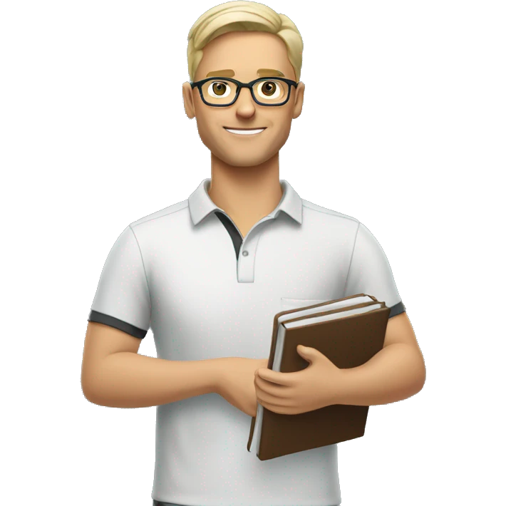 white young soccer coach with eyeglasses holding a notebook emoji