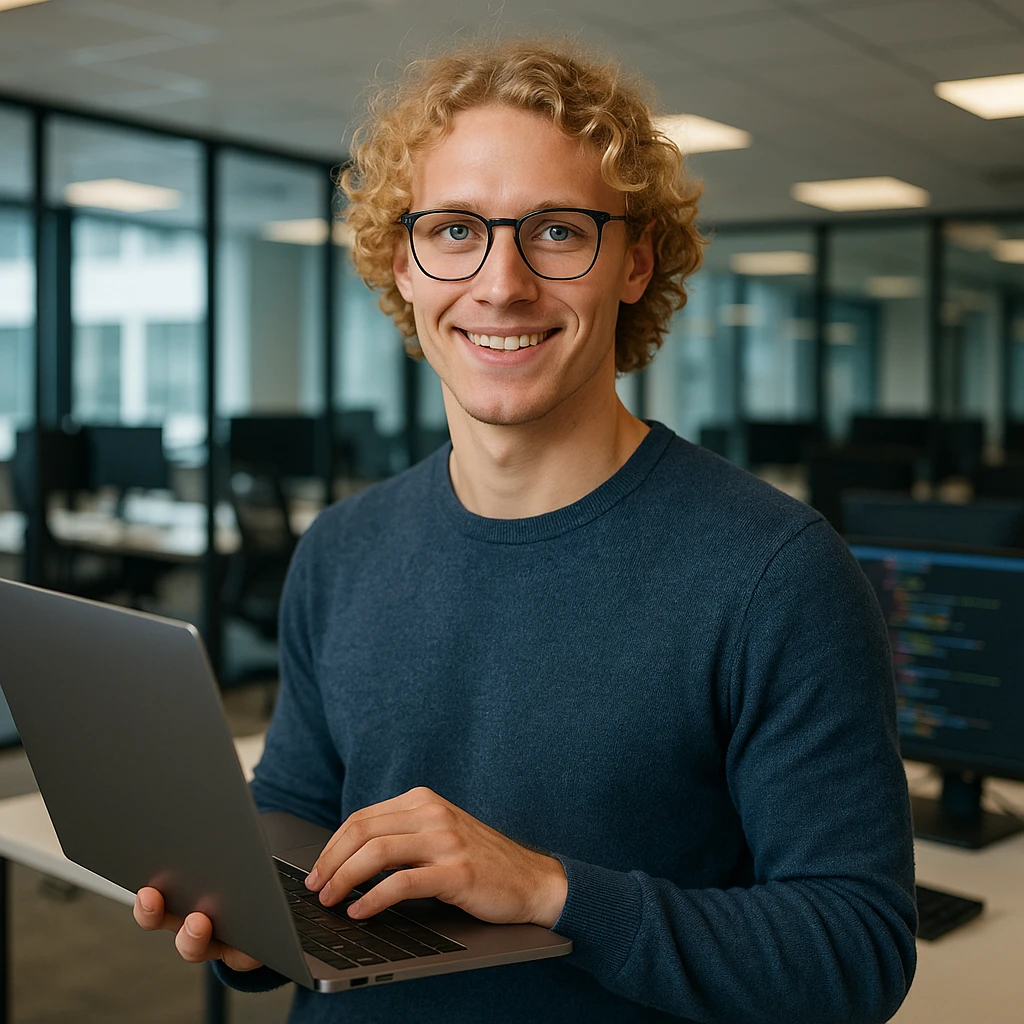 male software developer with blonde curly hair and blue eyes, holding a laptop, wearing glasses, modern office background emoji