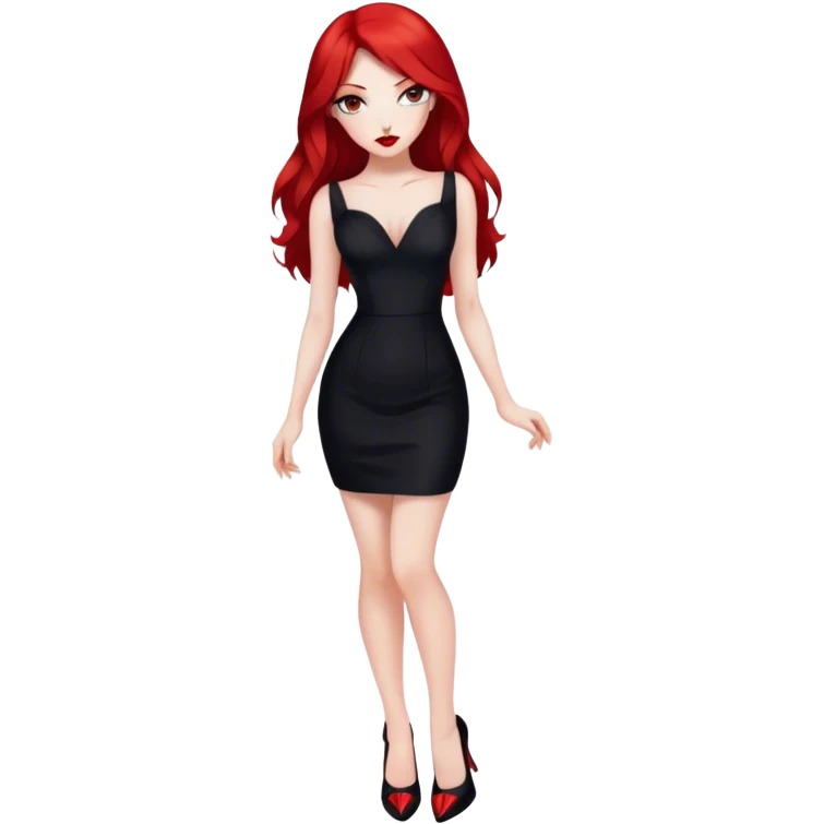 a pretty woman with long red hair and red eyes. The woman wear a black little cutted dress. She have red lipstick and she have a seductive look. She wear black heels emoji