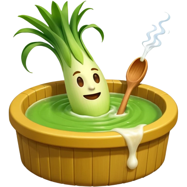 Create a 3D emoji of a relaxed leek in a jacuzzi filled with a slightly lumpy, yellowish-brown sauce emoji