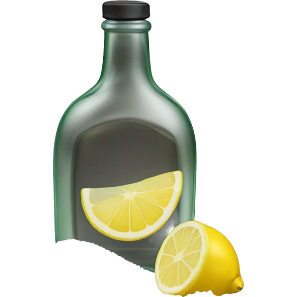 A bottle of white liquid (which is tequila) and next to ir a slice of lemon and salt emoji