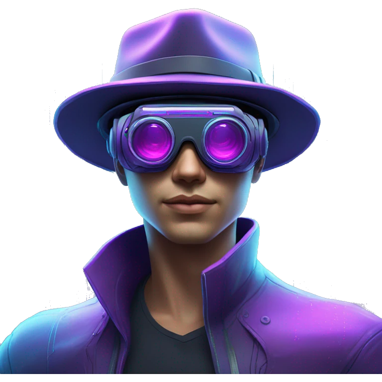 Secret human agent in a hat with  cyberpunk elements in VR googles scanning looking reviewing multicolor lines of code, cyan and purple colors, only upper body portrait emoji