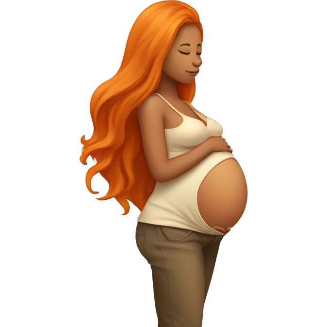 Tan girl with long orange hair holding pregnant stomach emoji