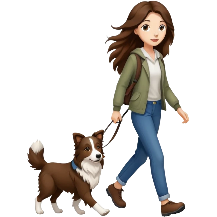 A beautiful girl with long brown hair walks a Border Collie emoji