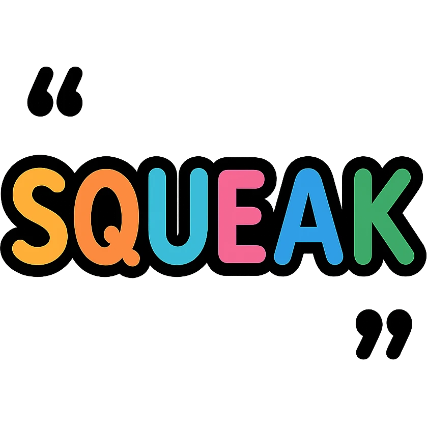 'Squeak' word in a colorful lineal icon style with black outlines, vibrant colors, and playful design emoji