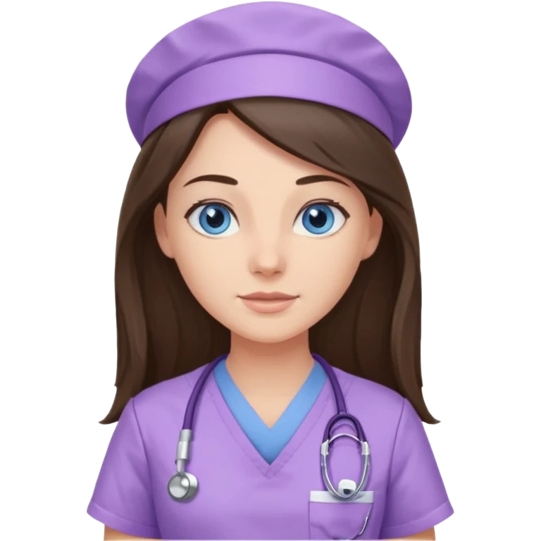 pretty brunette nurse with long hair and blue eyes in lilac scrubs emoji
