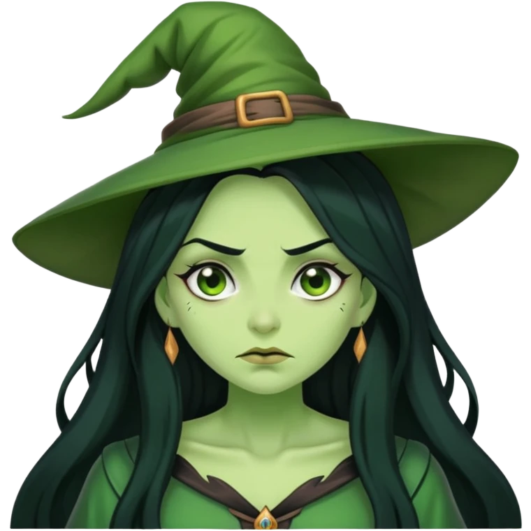 Green-skinned witch with long black hair, embarrassed expression, blushing emoji