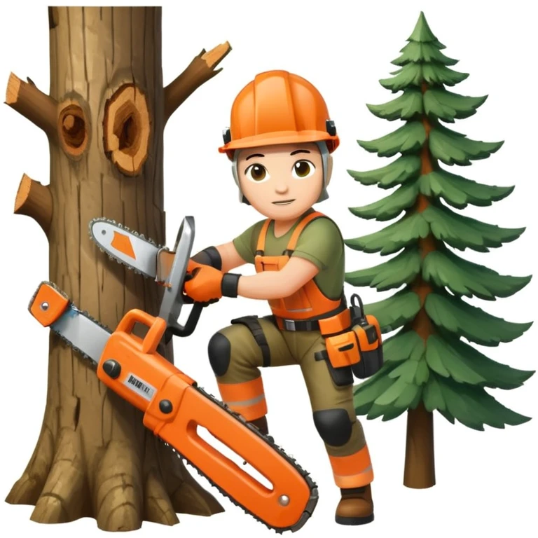 professional arborist cutting down a large tree with chainsaw, wearing safety helmet and protective gear. Scene includes detailed tree trunk, falling wood pieces, forest background, dynamic movement, and emphasis on expertise and safety in tree removal emoji