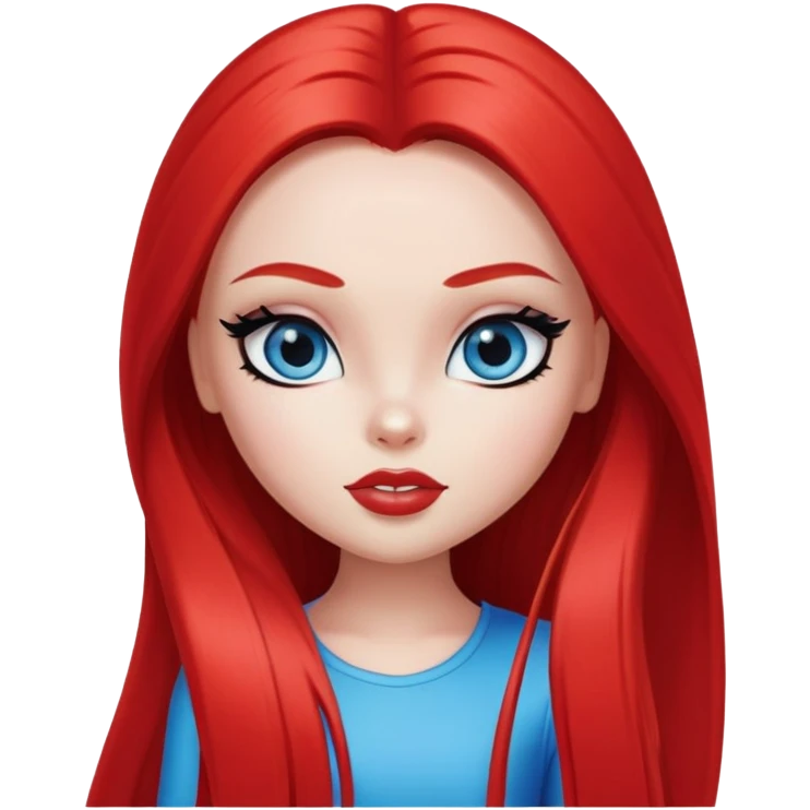 pretty bratz girl, bright red straight long hair, blue eyes, black eyeliner, white skin emoji