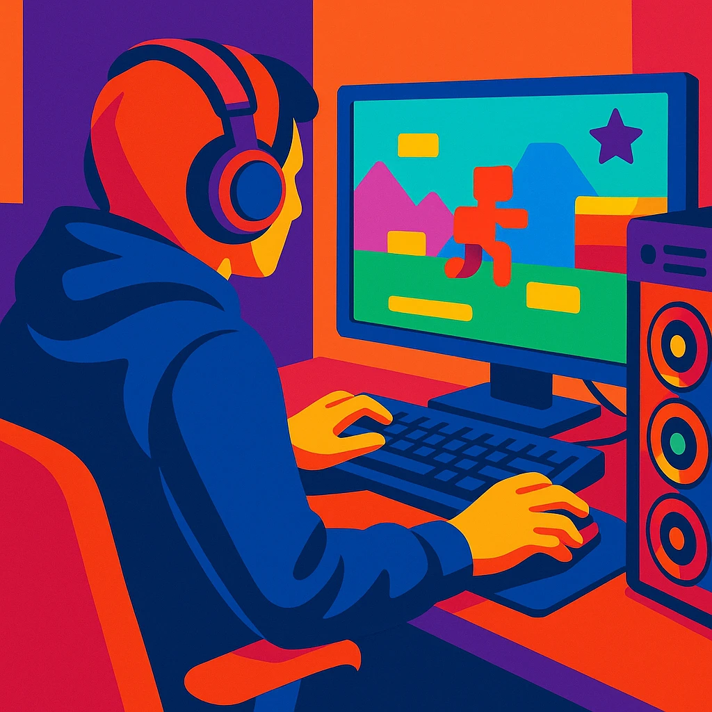 man playing games on a gaming computer, viewed from the back, wearing a hood, focused on the screen, digital art style, vibrant colors emoji