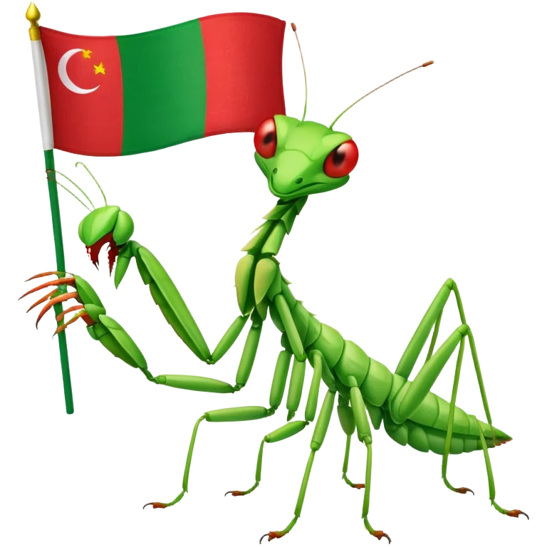 A happy praying mantis holding and a Italian and Myanmar flag  emoji
