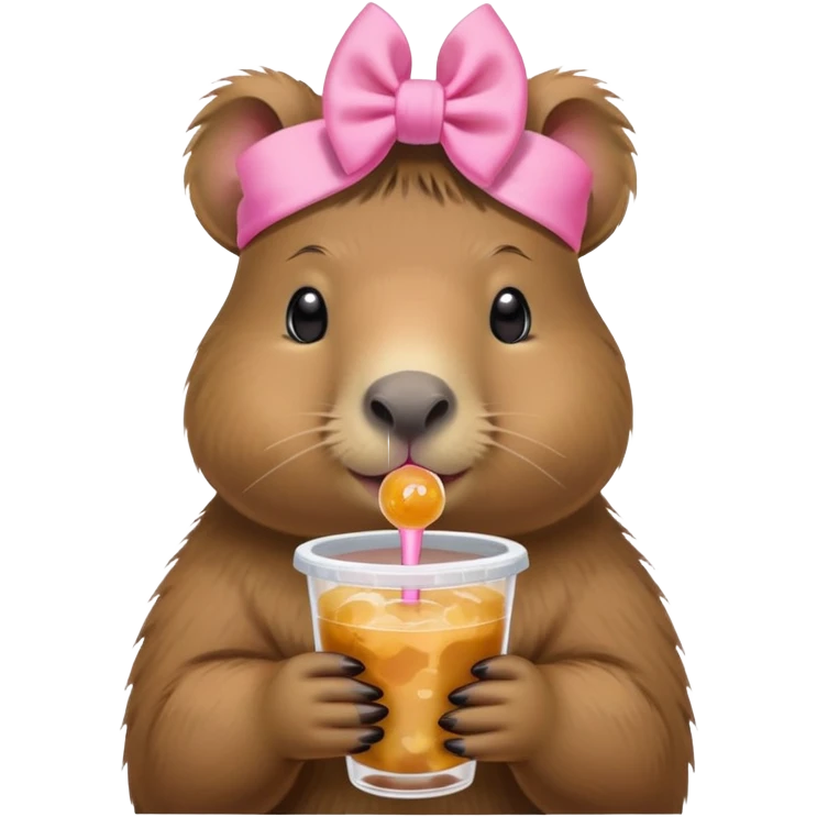 Capybara drinking boba, wearing a coquette pink bow on her head emoji