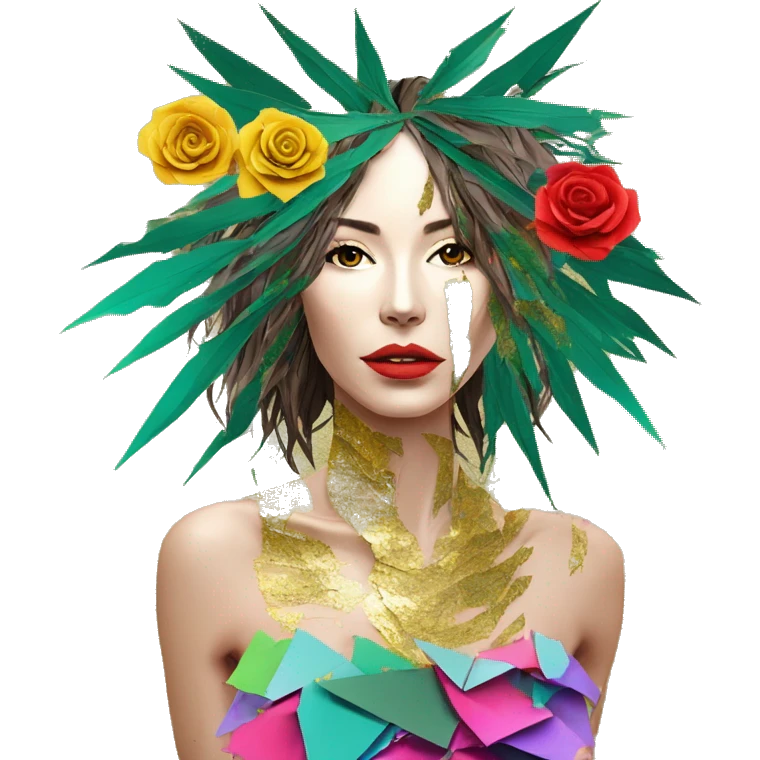  Hemp 420 lady face melting gold drizzle kintsugi multicoloured funky palm leaves tropical made of 420 origami newspaper roses hemp leaves bokeh and paper and hemp leaves in hair emoji