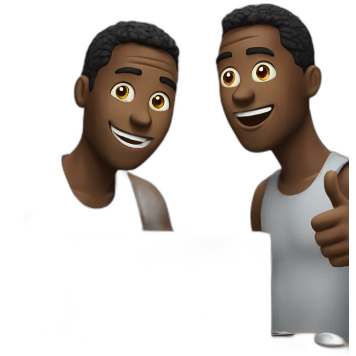 two black men at a computer, one is surprised and in awe, the other has a thumbs up emoji
