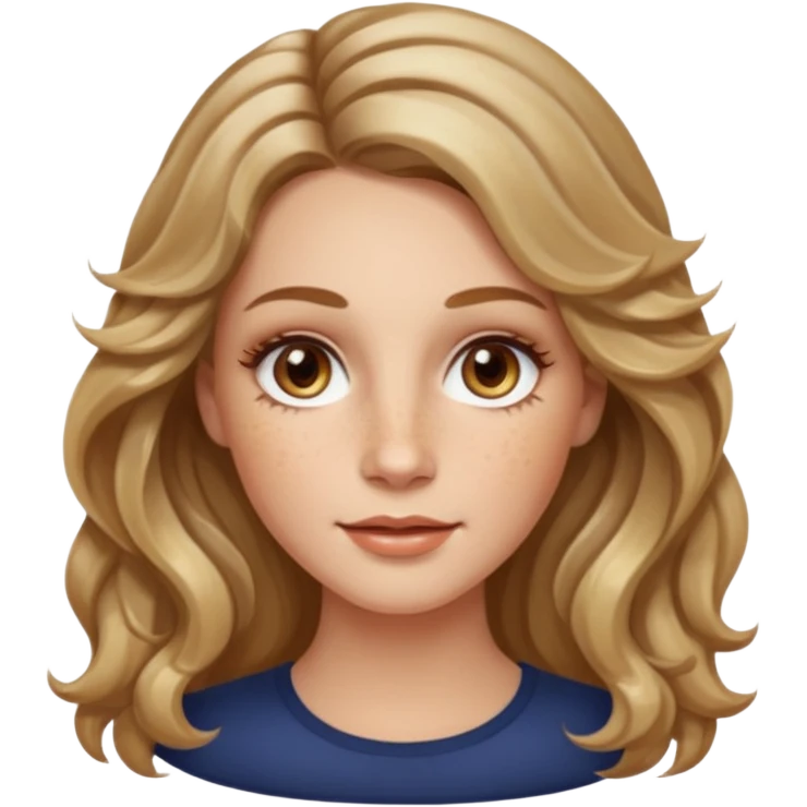 long dark Blond with highlights wavy hair white women, oval shape face hazel eyes long lashes little bit of freckles high cheek bones emoji