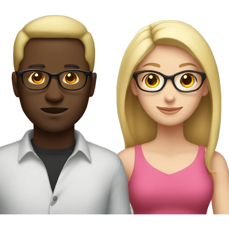 white woman no glasses long blonde  wearing a pink dress standing with a black guy with glasses wearing a red shirt emoji