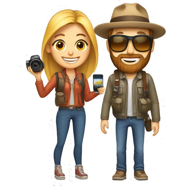 Create an emoji of couple travellers who love road trip and female has a dslr in hand. Both are young and guy has style beard emoji