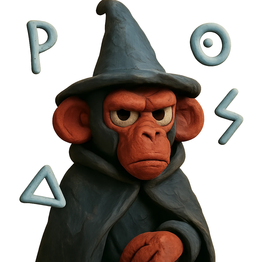 wizard monkey, claymation style, mysterious look, dark cloak, floating magical runes emoji