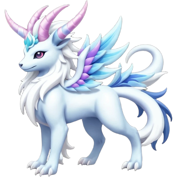 Shiny Glossy Pastel Light Divine Draconic Beautiful Floral Snowy Pretty Absol-Amaura-Suicune-Cobalion-fusion, full body emoji