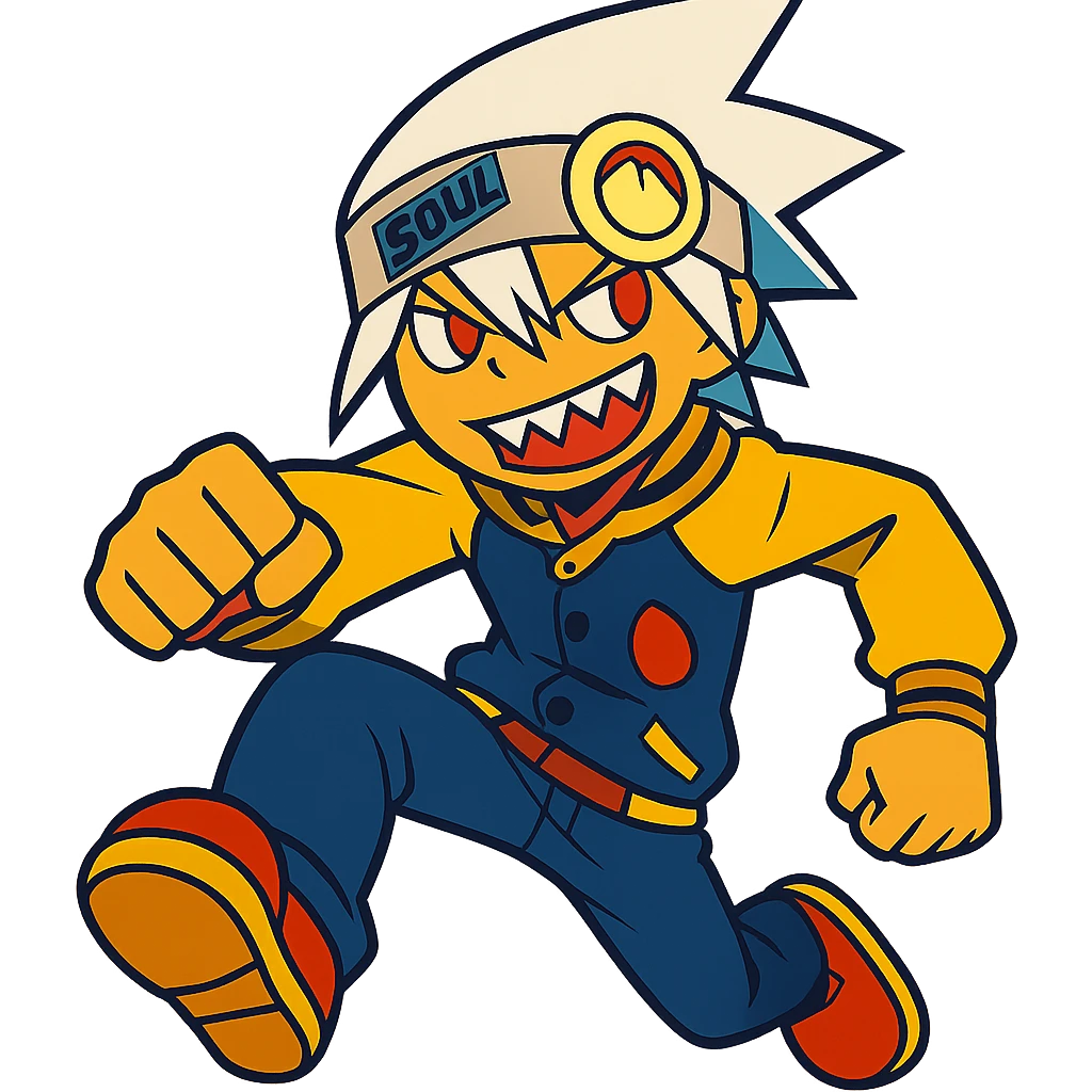 Soul Eater Evans in a dynamic pose, white hair, headband, sharp teeth, wearing his signature jacket, anime style, vibrant colors emoji