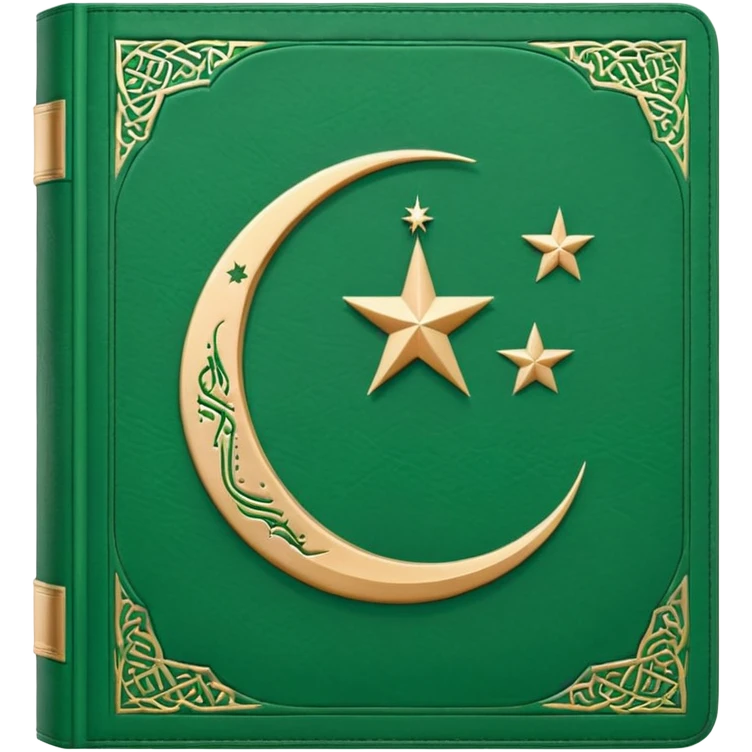 Closed Quran with the Islamic Symbol on it (moon and star) green from left to right emoji