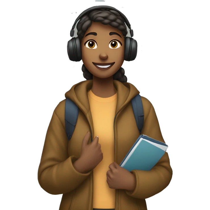 female student standing by her locker with wireless headphones, winter coat, and cell phone emoji