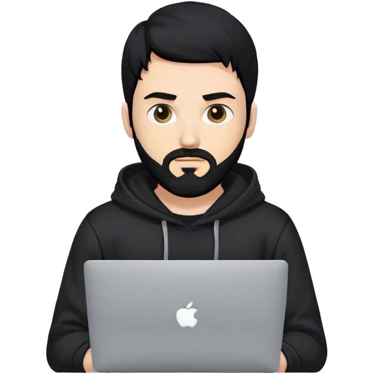 hackeur blanc cheveux noir barbe et capuche noir avec un macbook emoji
