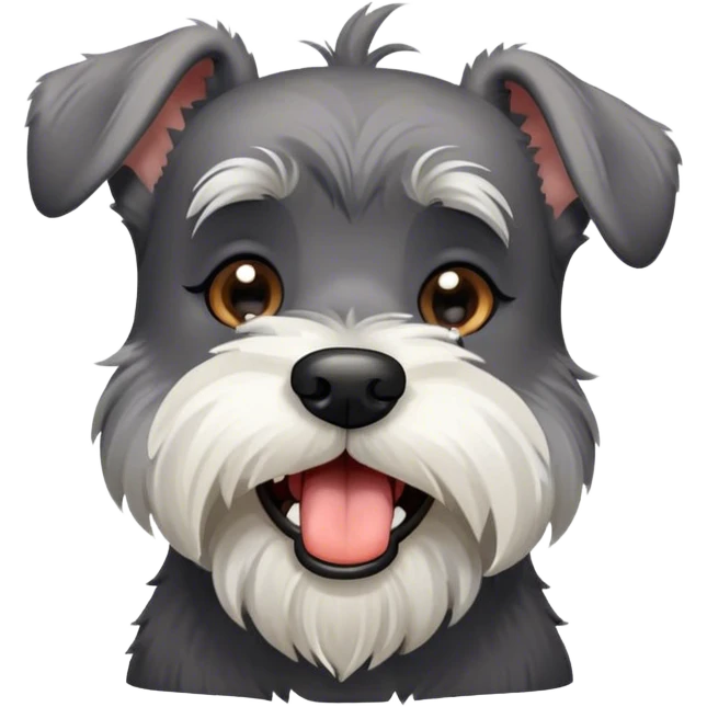 Cinematic Cute Yawning Miniature Schnauzer Portrait Emoji, Head cocked with a wide, adorable yawn and droopy, charming eyes, featuring a neatly trimmed, lovable salt-and-pepper fur, simplified yet irresistibly cute, highly detailed, glowing with a warm, relaxed radiance, high shine, exuding a sleepy yet spirited charm, styled with a soft, cozy glowing outline, capturing the essence of a Miniature Schnauzer mid-yawn, radiating pure, drowsy cuteness! emoji