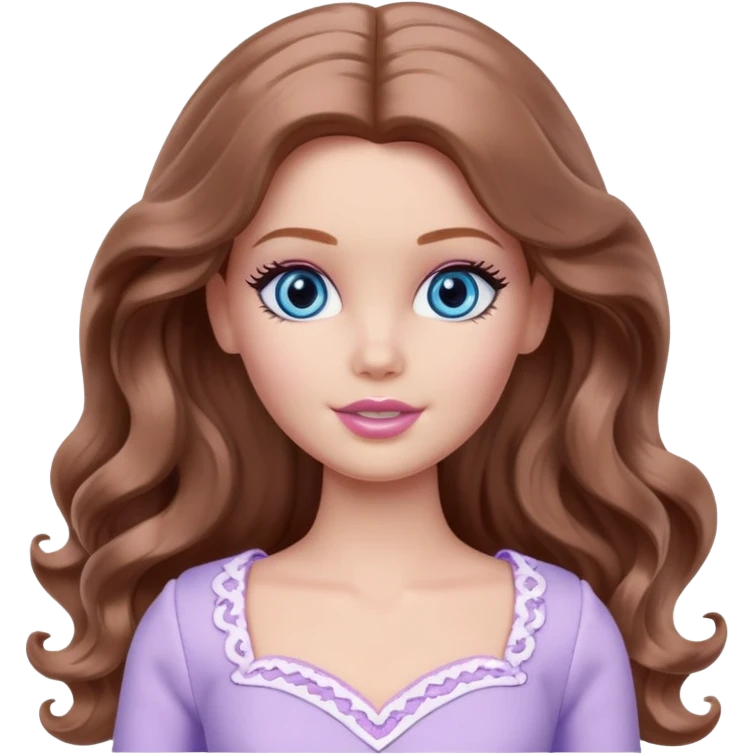 Barbie girl Chestnut long wavy hair and blue eyes is In pale purple clothes There are grey hearts above the head emoji