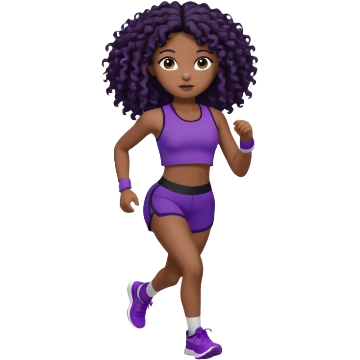 Uma boneca morena escura com olhos castanhos e cabelo cacheado longo preto até o peito, treinando correndo a roupa top curto, roxo com detalhes preto e short roxo com detalhes preto emoji