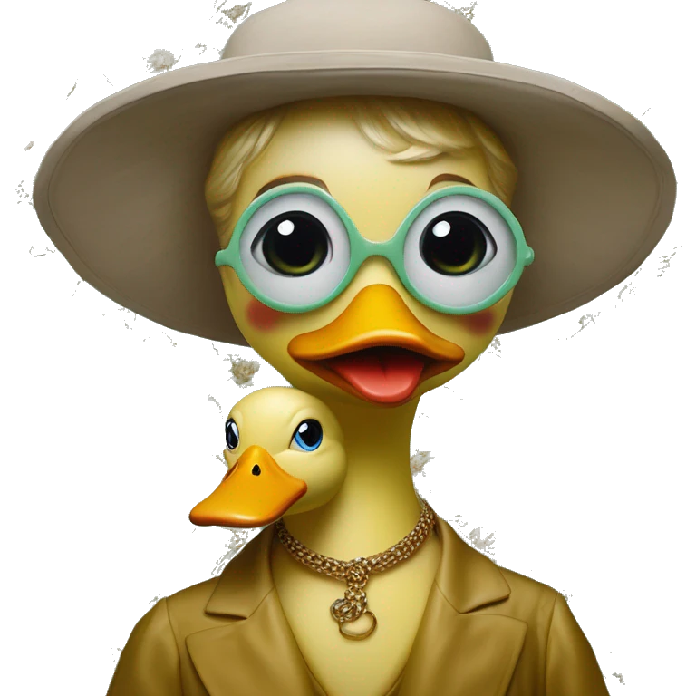 Rubber duck in Gucci style, oil paint, mysterious eyes, intricate lips, masterpiece portrait , odd perspective, beautiful, desirable, logical emoji